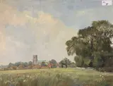 Countryside view across to a church and surrounding buildings by Geoffrey Burrows, oil on board, sold Dec 2025