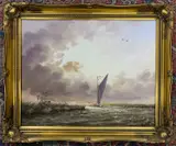 Wherry in choppy / storm brewing broadland waters by Neil Smalley, oil on board, sold Dec 2025