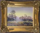 An autumnal landscape at dusk / dawn with a foreground fox by Bill Haines, oil on canvas, sold Dec 2025