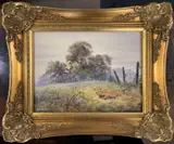 A Fox prowls the fields of an autumnal landscape by Bill Haines, oil on canvas, sold Dec 2025