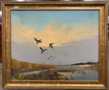 Ducks alighting from the reeds over marshland by George Stevens, oil on canvas, sold Dec 2025