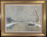 An atmospheric winter view over water by Shirley Carnt, oil on canvas, sold Dec 2025
