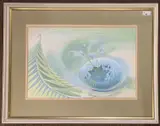 Surrealist / fantasy landscape with a flowering egg by Peter Issitt, watercolour, sold Dec 2025