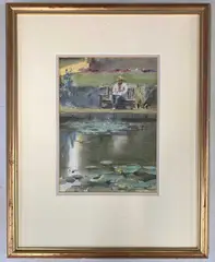 A man sits on a bench by the riverside by Trevor Chamberlain, watercolour, sold Dec 2025