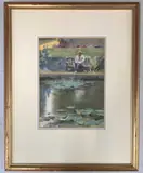 A man sits on a bench by the riverside by Trevor Chamberlain, watercolour, sold Dec 2025