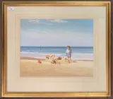 Norfolk beach scene with children playing in the sands by Michael J. Saunders, watercolour, offered Dec 2025