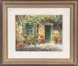 Study of a sunny day illuminating the wall and flowers of a by Michael J. Saunders, gouache, sold Dec 2025