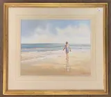 A young girl walks Norfolk sands by Michael J. Saunders, watercolour, sold Dec 2025