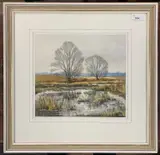 View over an autumnal / winter landscape by Martin Sexton, 1980, watercolour, sold Dec 2025