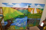 Large river scene collage / mixed media by Laura Burns, mixed media on board, sold Nov 2025
