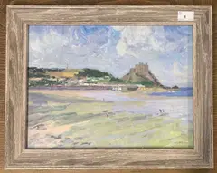 Grouville Bay, Jersey, prospect to Mont Orguiel by Geoffrey Wilson, oil on board, sold Nov 2025