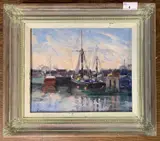 Shipping at Oulton Broad, The Lowestoft smack The Excelsior by Geoffrey Wilson, oil on board, sold Nov 2025
