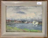 Great Yarmouth Harbour by Geoffrey Wilson, oil on board, sold Nov 2025
