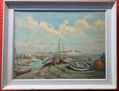 Beached fishing boats in creek / estuary by Tom W.Armes, oil on canvas, sold Nov 2025