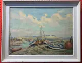 Beached fishing boats in creek / estuary by Tom W.Armes, oil on canvas, sold Nov 2025