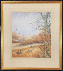 Pheasants in an Autumnal landscape by Simon Trinder, watercolour and gouache, sold Nov 2025