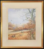 Pheasants in an Autumnal landscape by Simon Trinder, watercolour and gouache, sold Nov 2025