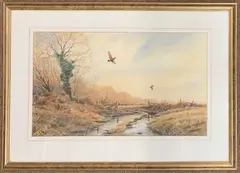 Woodcocks in flight over an autumnal landscape by Simon Trinder, watercolour, sold Nov 2025
