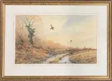 Woodcocks in flight over an autumnal landscape by Simon Trinder, watercolour, sold Nov 2025