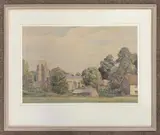 View over countryside to a church and buildings by Louis Stanley Maurice Prince, watercolour, sold Nov 2025