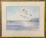 Ducks alighting over marshland by Jason Partner, watercolour, sold Nov 2025