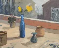 Still Life with Daffodils by Gareth Thomas, acrylic on card, sold May 2026