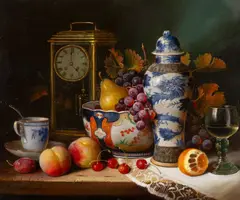 Porcelain & fruit by Raymond Campbell, oil on board, sold May 2026