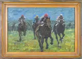 Horses and Riders by Leo Carroll, oil on board, sold May 2026