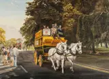 Andrews & Son horse-drawn Bus in a city by Margaret Stella Whatley, acrylic on canvas, sold Apr 2026