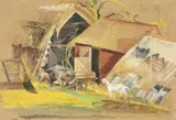 Goats in Suffolk Farmyard by Ray Howard-Jones, gouache, sold Apr 2026