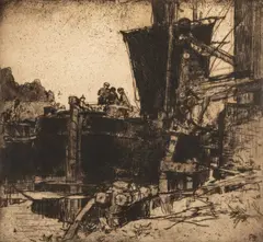 Barges, Bruges by Frank Brangwyn, etching, sold Apr 2026