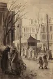 Early ink wash on paper - Cardiff City Centre with shoppers by Ernest Zobole, ink, sold Apr 2026