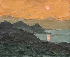 Sunset Yr Eifl' on Albany Gallery label, preliminary painting on reverse of mountain landscape by Kyffin Williams, oil on canvas, sold Apr 2026