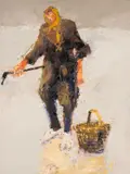 Figure with Basket by Alastair Elkes-Jones, oil on canvas, sold Apr 2026