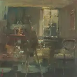 'Streetlight Bathing the by Andrew Douglas-Forbes, oil on paper, sold Apr 2026