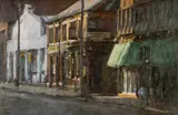 In the City by Mark Samuel, oil on panel, sold Apr 2026