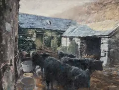 Farmyard with Welsh Blacks by Keith Bowen, oil on board, sold Apr 2026