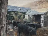 Farmyard with Welsh Blacks by Keith Bowen, oil on board, sold Apr 2026