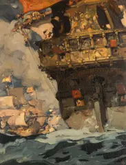 The Last Fight of the Revenge by Frank Brangwyn, oil on board, sold Apr 2026