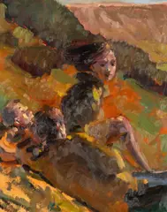 Spectators by Kevin Sinnott, oil on panel, sold Apr 2026
