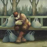 Bag Lady in the Park by Muriel Delahaye, oil on canvas, sold Apr 2026