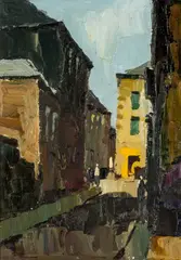 Street Scene, Brittany by Donald McIntyre, oil on board, sold Apr 2026