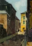 Street Scene, Brittany' on The Fine Art Society Gallery, London label by Donald McIntyre, oil on board, sold Apr 2026
