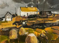 Haystacks at Bunowen by Donald McIntyre, acrylic, sold Apr 2026
