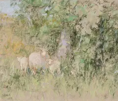 Twin Lambs, Llanfachreth by Diana Armfield, pastel on paper, sold Apr 2026