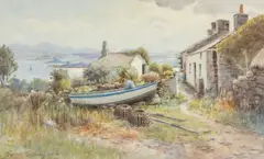 With lobster-man on his by Warren Williams, watercolour, sold Apr 2026