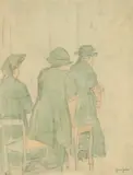 Three Woman in Church' on Martin Tinney Gallery label, with a second label, 'The Gwen John Centenary Exhibition by Gwen John, watercolour and pencil, sold Apr 2026