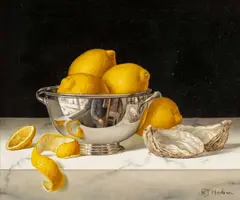 Lemons in a Silver Bowl with Oysters by Roy Hodrien, 2014, oil on panel, sold Mar 2026