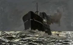 RI ROI RSMA (British, 1873-1958) mixed media - 'British Cargo Steamer Rams U-Boat', by Charles Pears, mixed media, offered Mar 2026