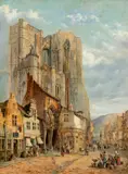 Belgium, with busy street scene and townsfolk by Adrianus Eversen, 1872, oil on board, offered Mar 2026